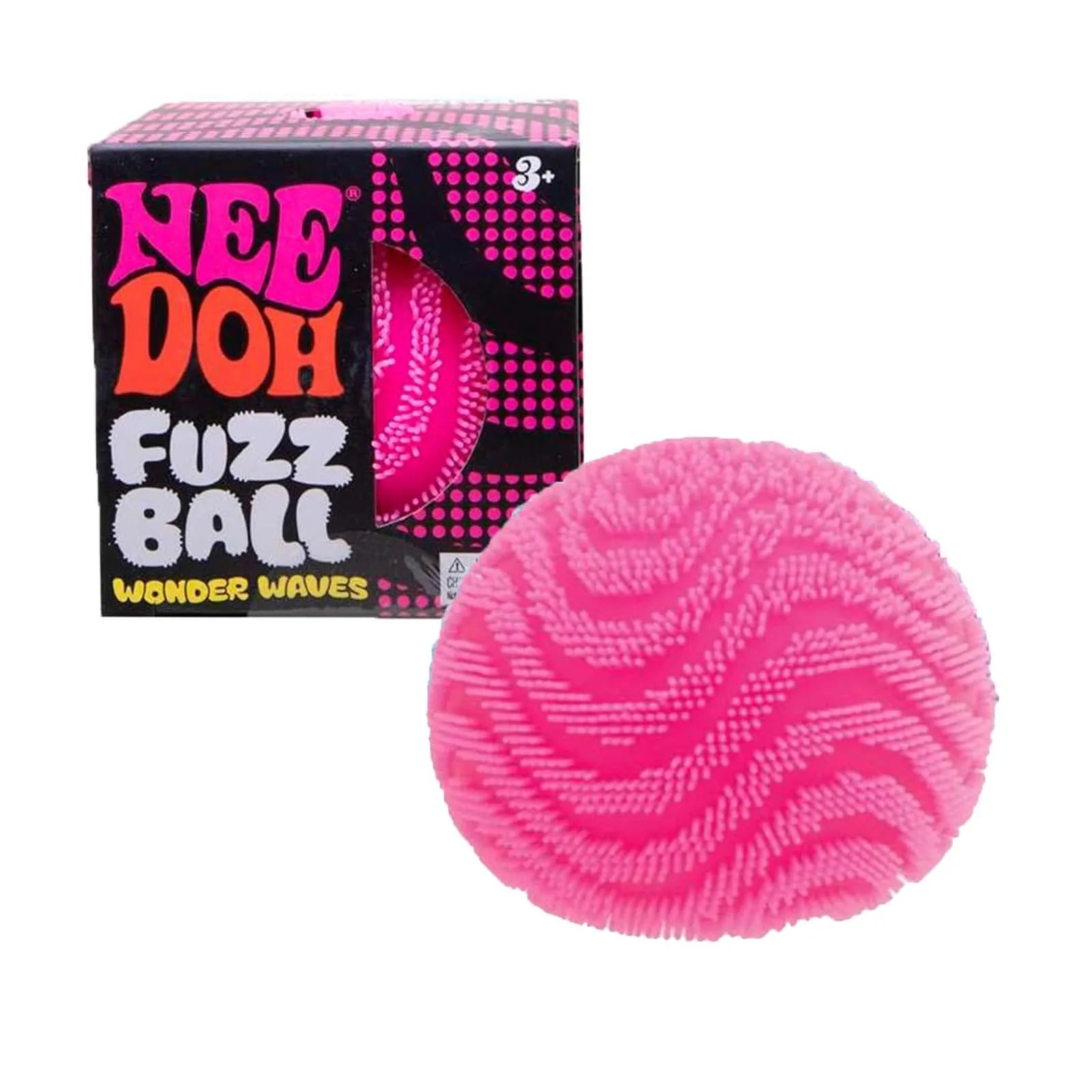 Pink fuzz ball toy with packaging labeled 'Nee Doh Fuzz Ball' on a white background