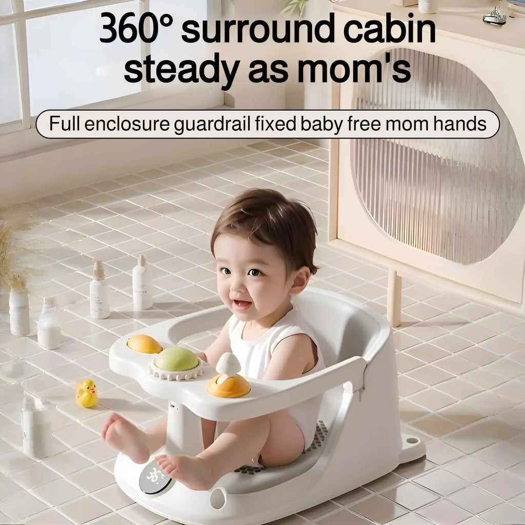 Baby sitting in a white bath seat with toys in a bathroom setting