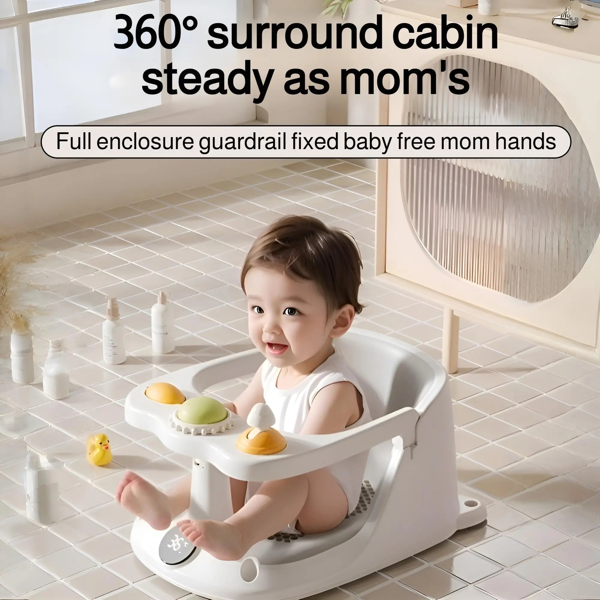 Baby sitting in a white bath seat with toys in a bathroom setting
