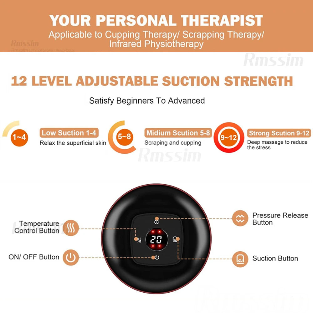 Cupping therapy device with adjustable suction strength levels on a white background