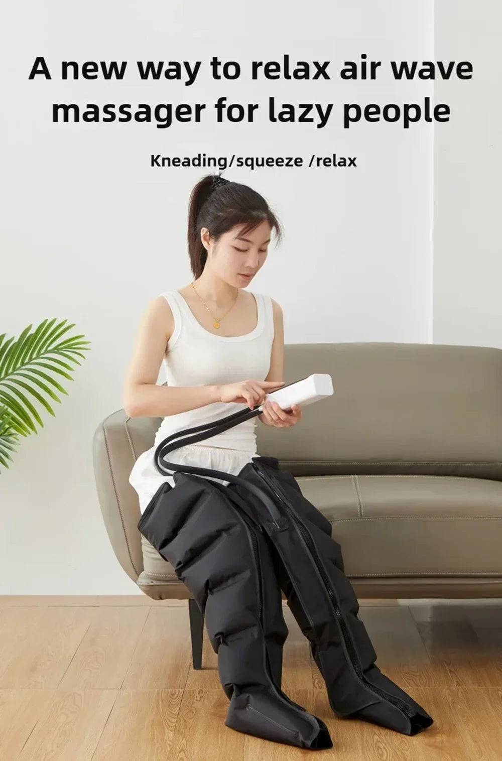Woman using a black air wave massager on a couch with text about its benefits.