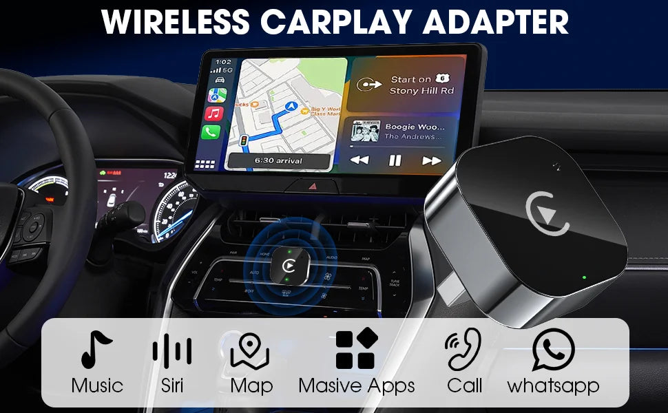 Wireless CarPlay adapter in a car dashboard with navigation display.