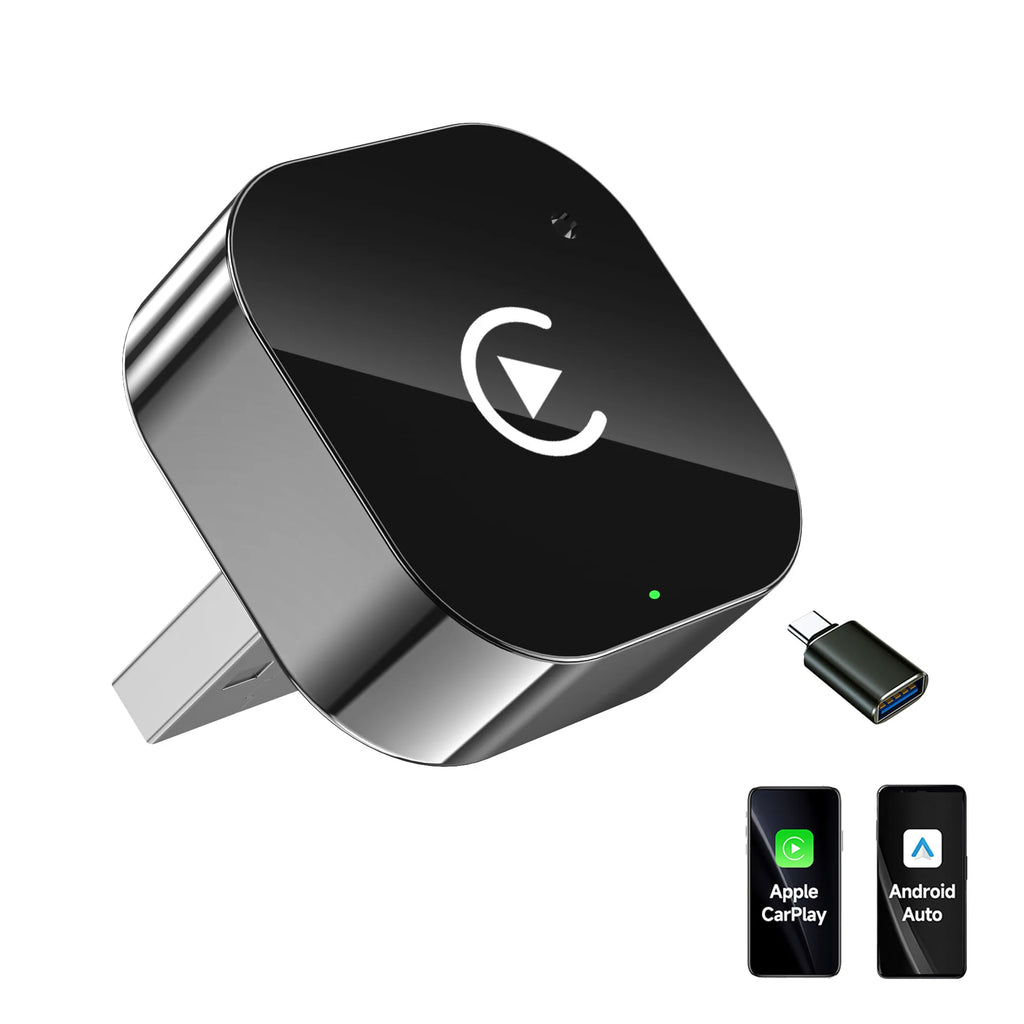 Car multimedia receiver with Apple CarPlay and Android Auto icons on a white background