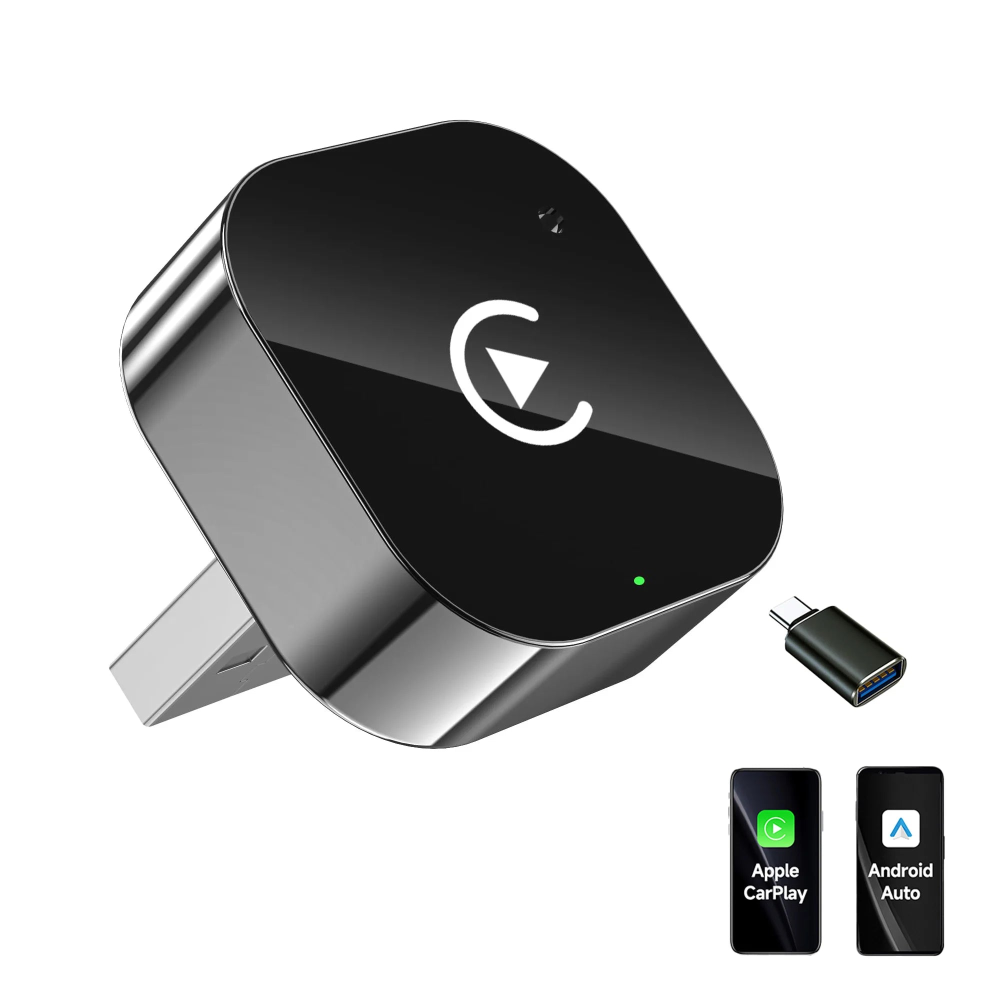 Car multimedia receiver with Apple CarPlay and Android Auto icons on a white background
