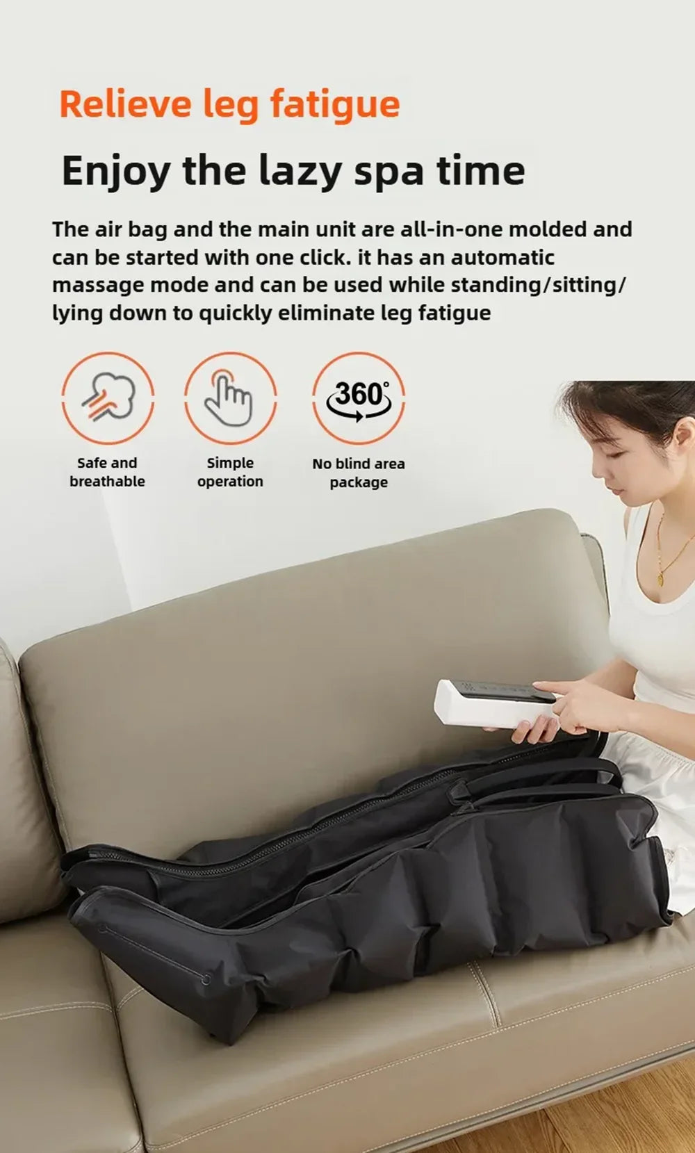 Woman using a leg massager on a couch with text highlighting its features.