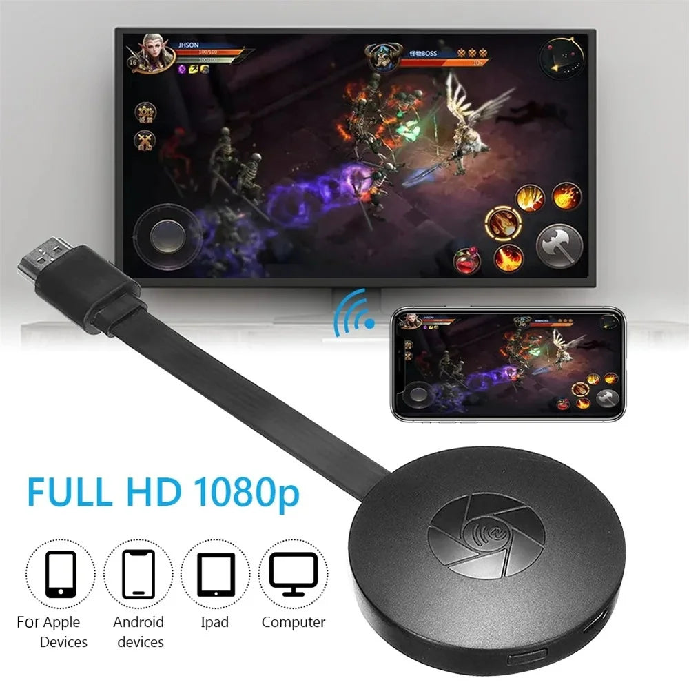 Gaming device with cable connecting to a screen displaying a game, with smartphone showing the same game.