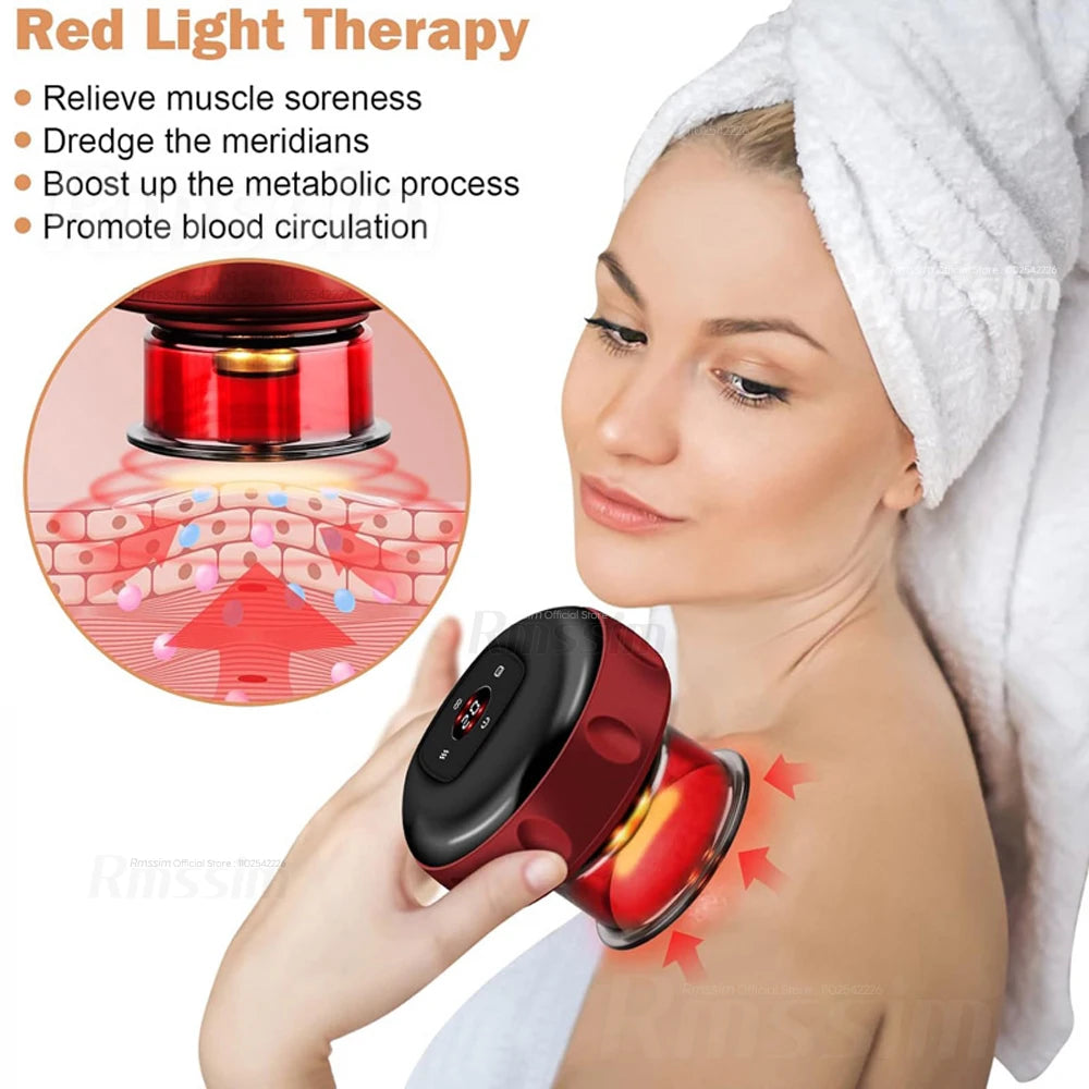 Woman using a red light therapy device on her shoulder with text highlighting benefits.