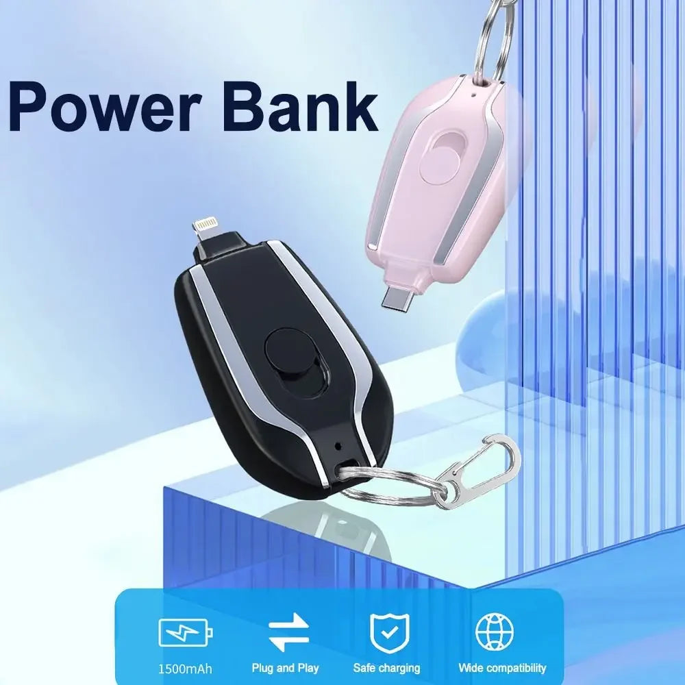 Black and pink power bank with keychain on a blue gradient background