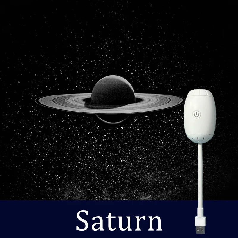 White electronic device with a USB cable on a background of Saturn and space.