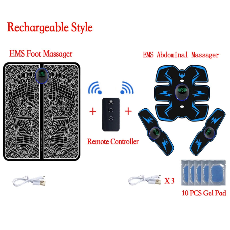 EMS foot and abdominal massagers with remote controller and gel pads on a white background