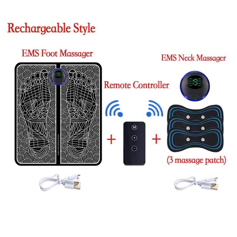 EMS foot and neck massager set with remote controller and massage patches on a white background