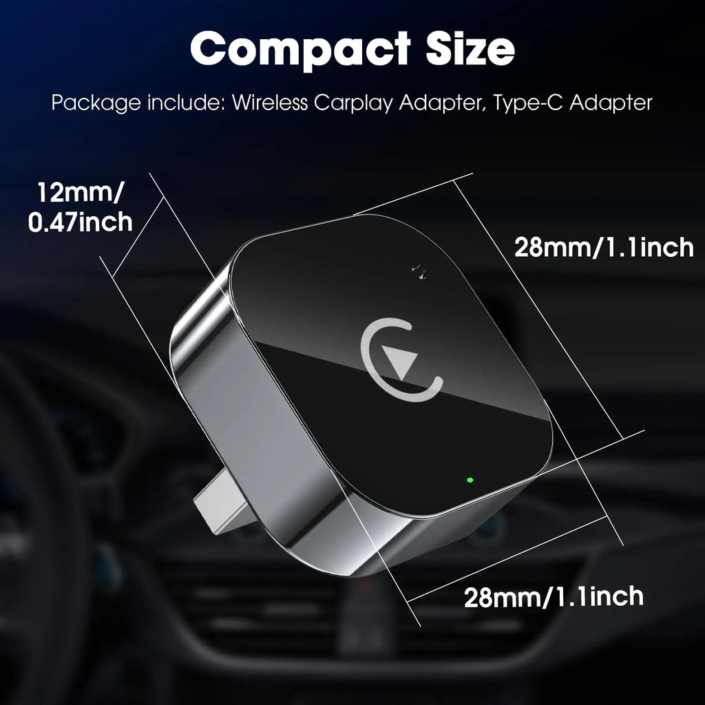Wireless CarPlay adapter with dimensions and package details on a dark background