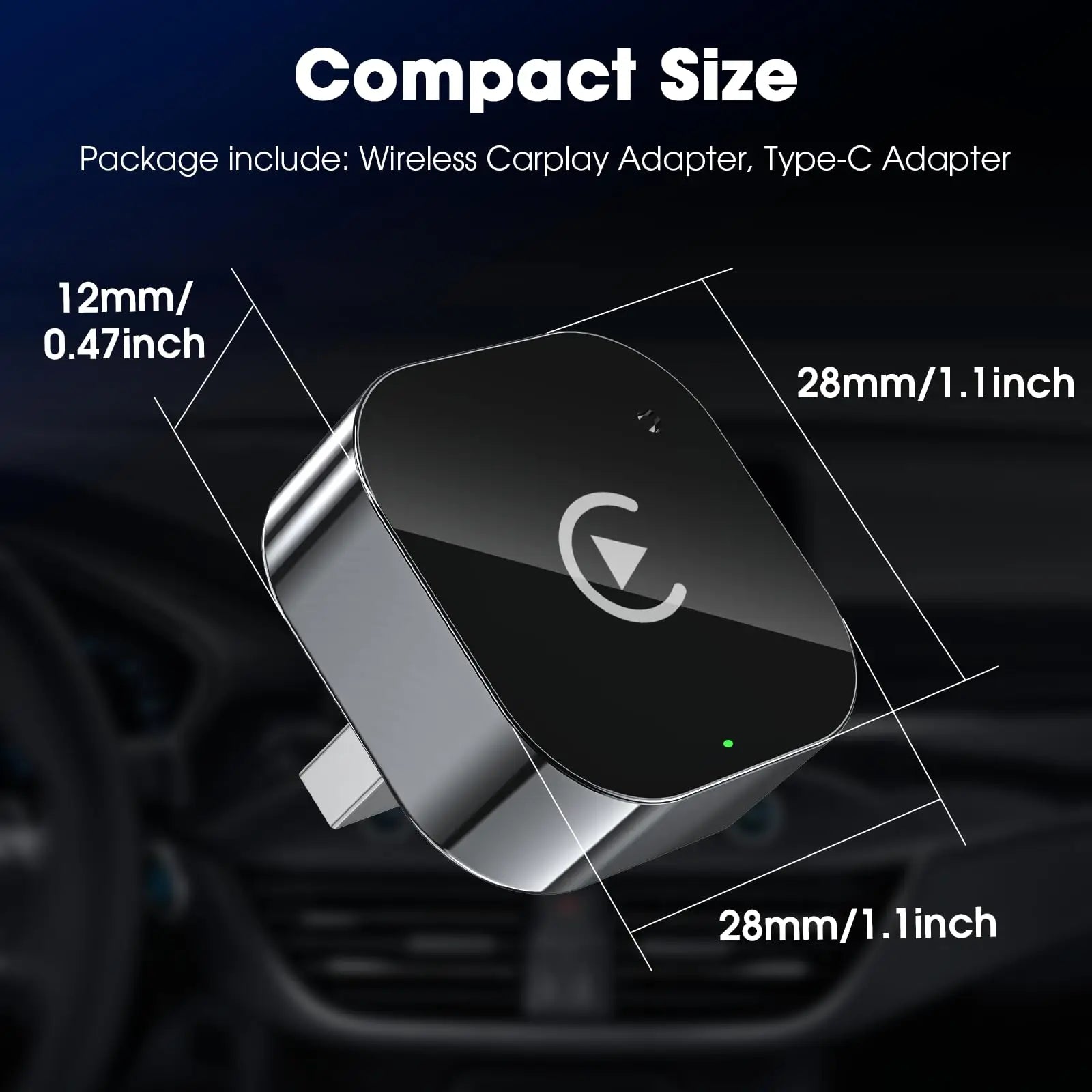 Wireless CarPlay adapter with dimensions and package details on a dark background
