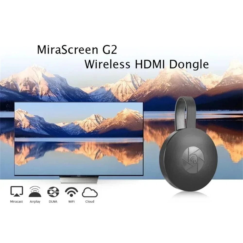 Mirascreen G2 Wireless HDMI Dongle with mountainous landscape background