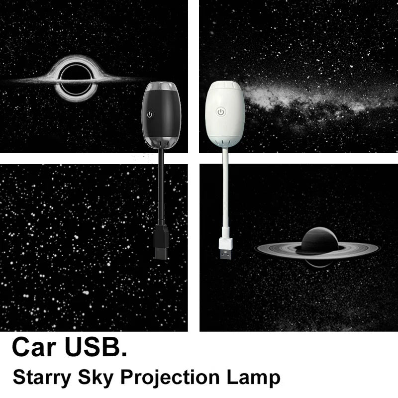 Starry sky projection lamp with car USB connection on a starry night background