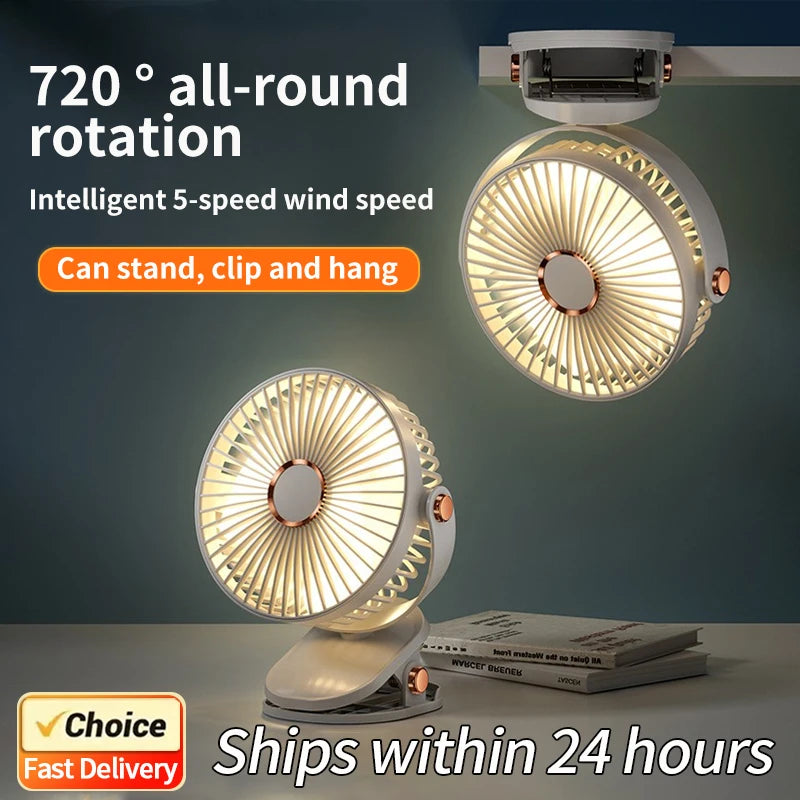 Portable fan with 720-degree rotation, intelligent speed control, and multiple mounting options on a dark background.
