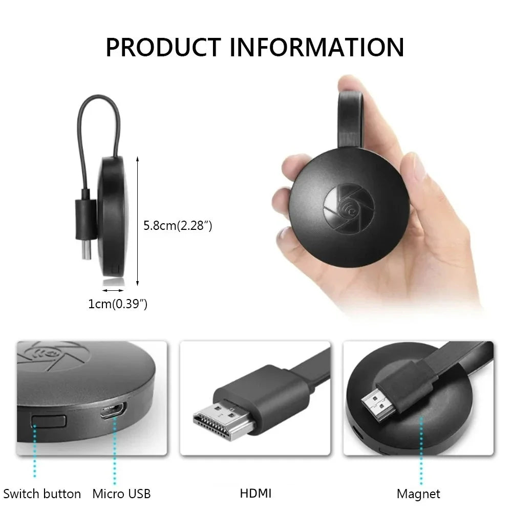 Product information of a small black device with measurements and features highlighted.