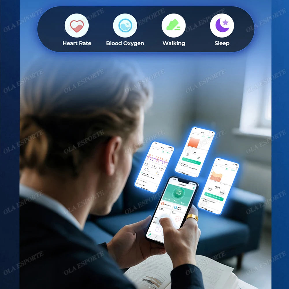 Person using a smartphone with health monitoring apps on a blurred background