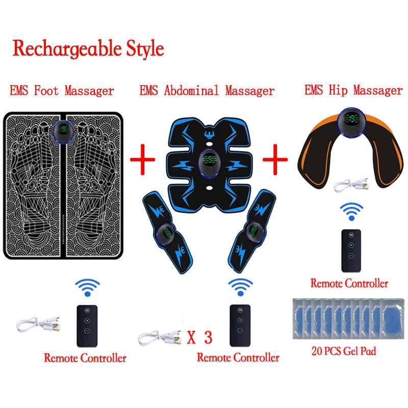 EMS foot, abdominal, and hip massagers with remote controllers and gel pads on a white background.