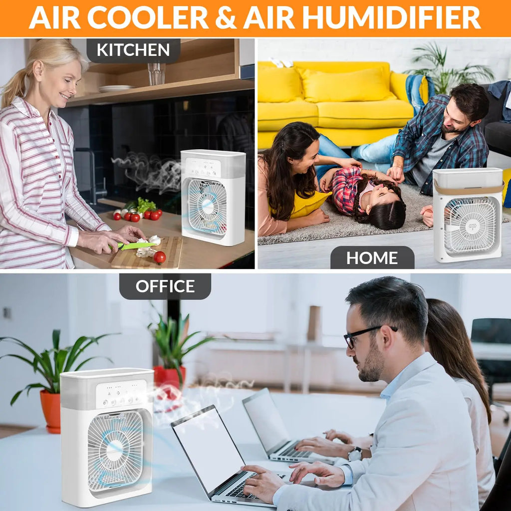 Collage of a portable air cooler and humidifier in various settings including kitchen, home, and office.