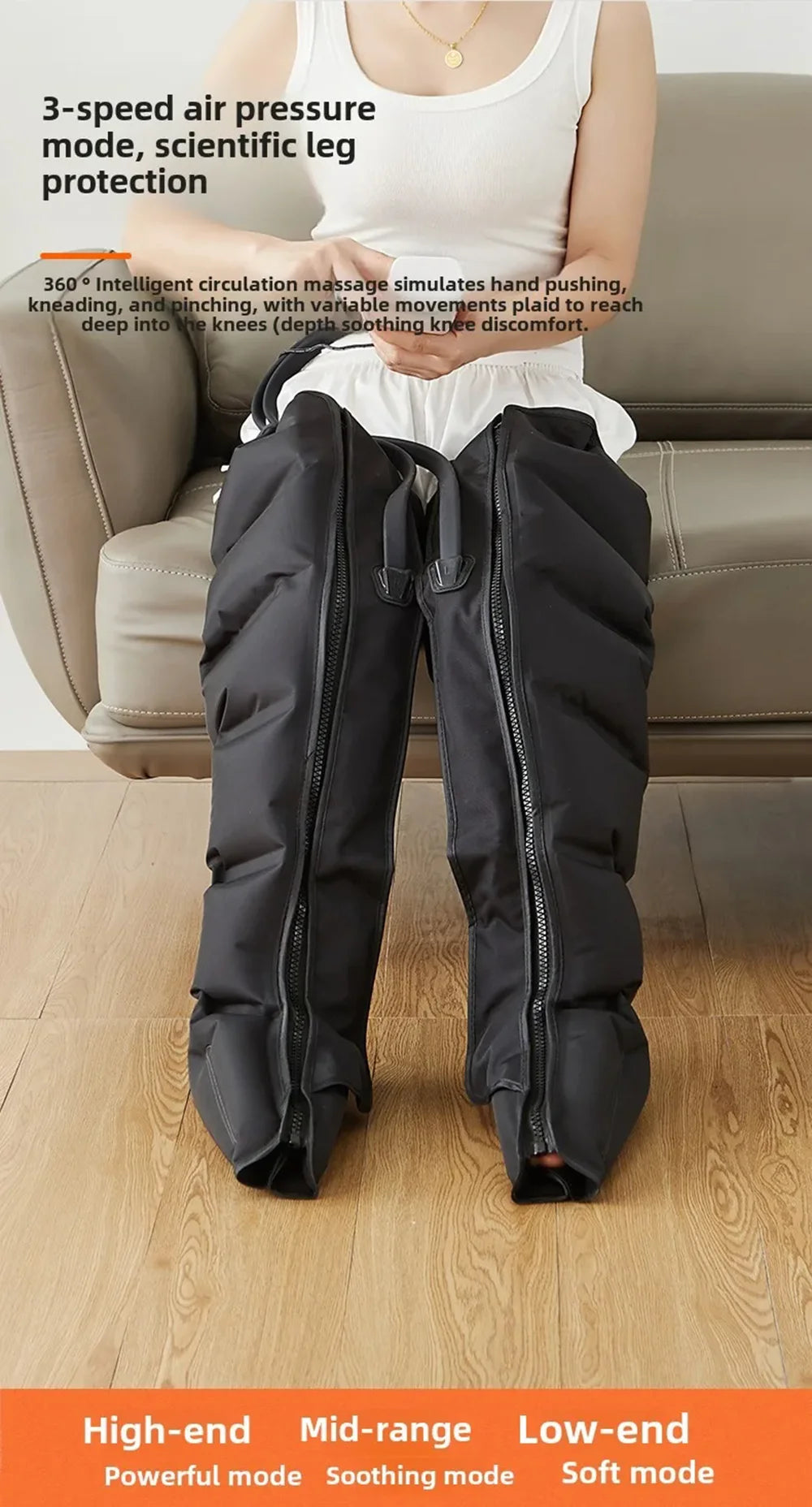 Person wearing black leg massager with text on air pressure mode and scientific leg protection.