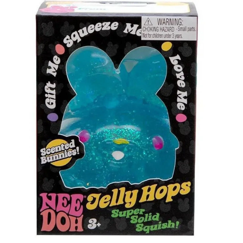 Jelly Hops toy packaging with blue jelly bunny and text on a black background