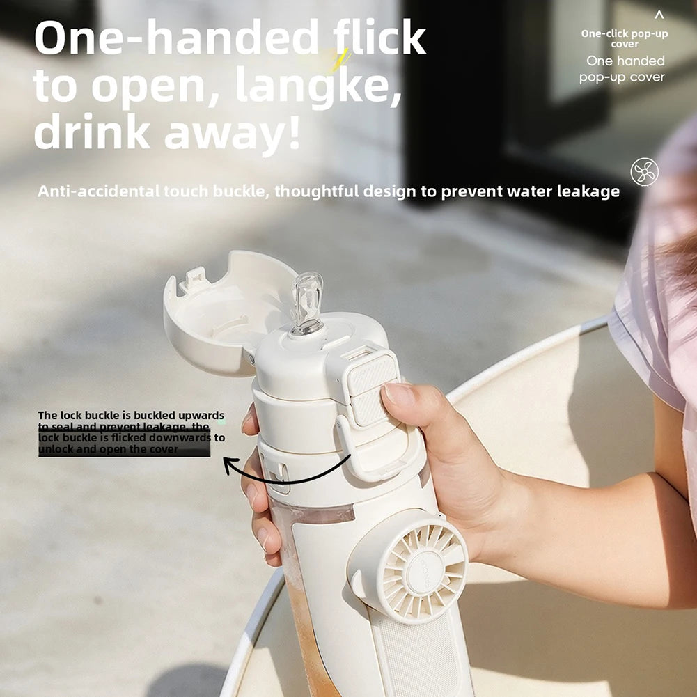 White water bottle with pop-up cover held by a hand, promotional text about design features.