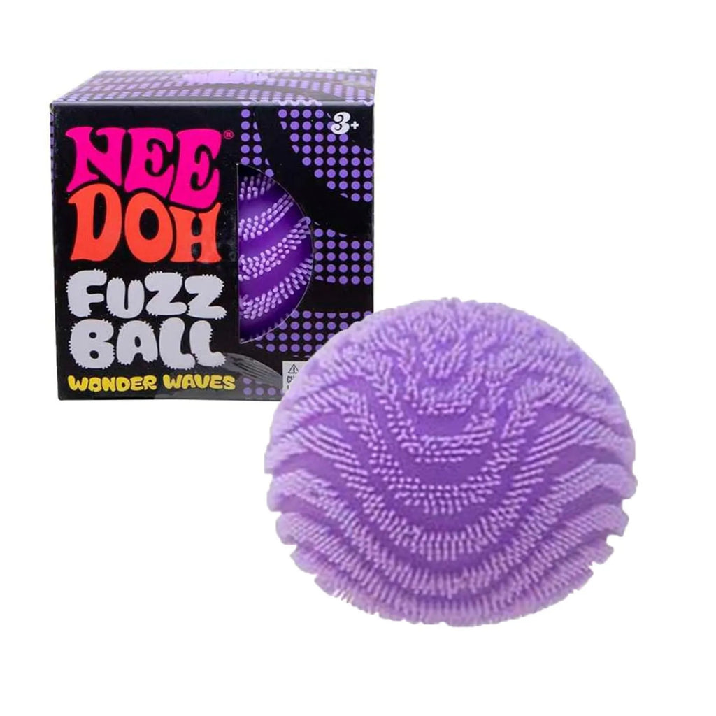 Purple fuzz ball with Nee Doh packaging on a white background