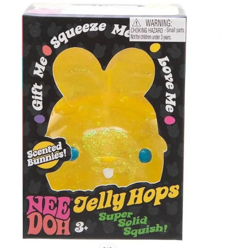 Box of Jelly Hops toy with yellow bunny design and text on a black background