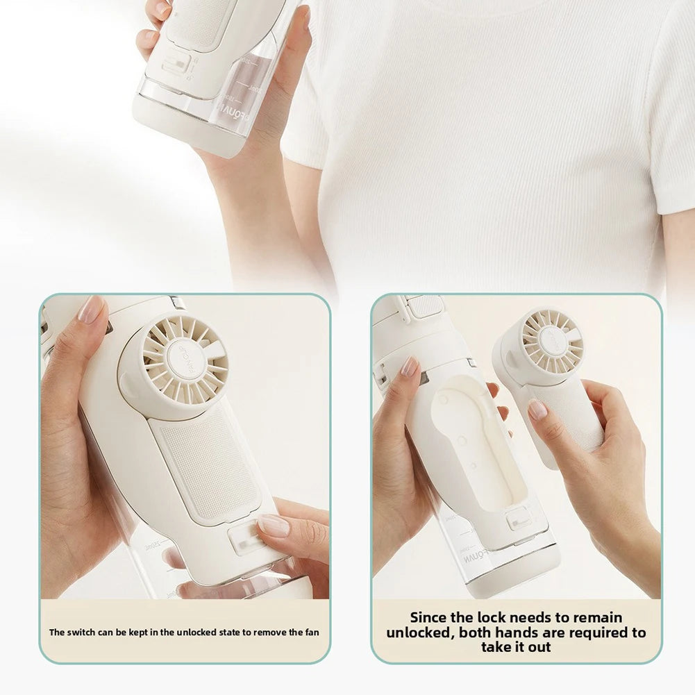 Handheld white fan with switch mechanism held by a person, showing how to remove it.