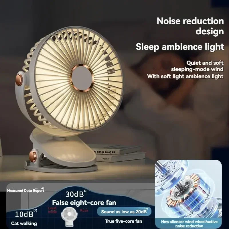 Portable fan with sleep ambience light and noise reduction design on a dark background
