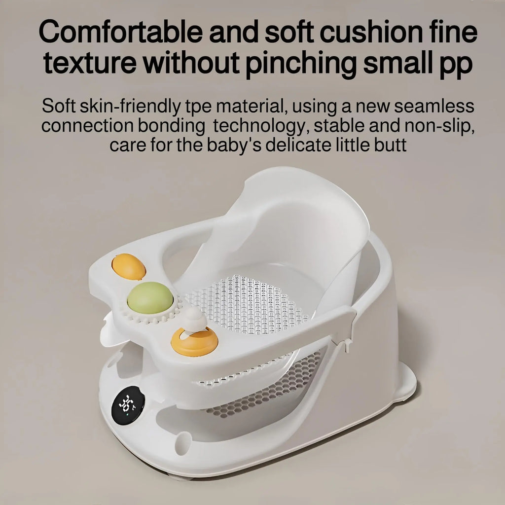 White baby bath seat with colorful buttons on a beige background
