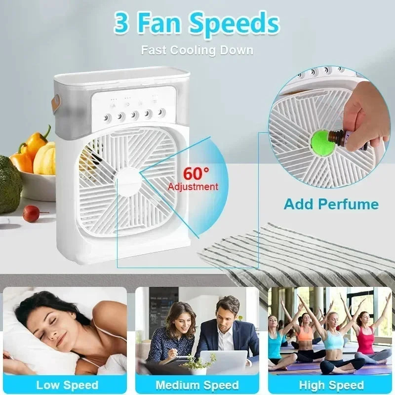 Portable fan with features like 3 fan speeds, fast cooling, and perfume addition on a light gray background.