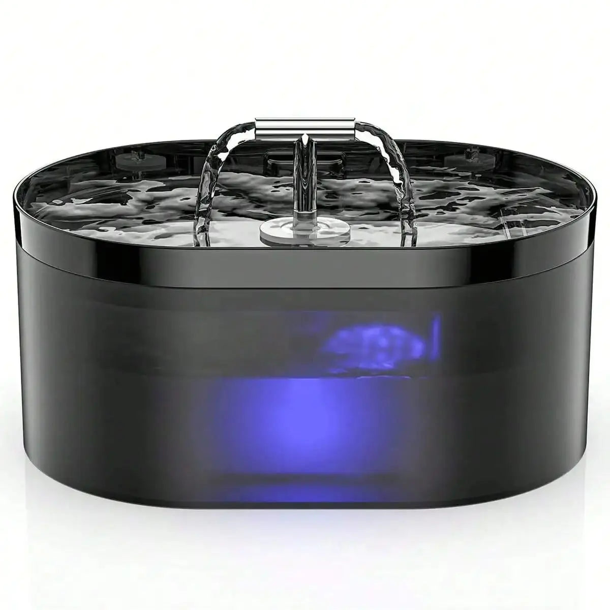 Black pet water fountain with running water on a white background
