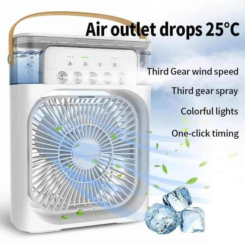 Portable air cooler with features highlighted on a white background