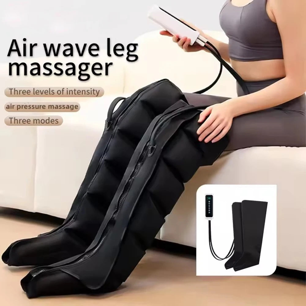 Air wave leg massager with user demonstration and product details on a white background