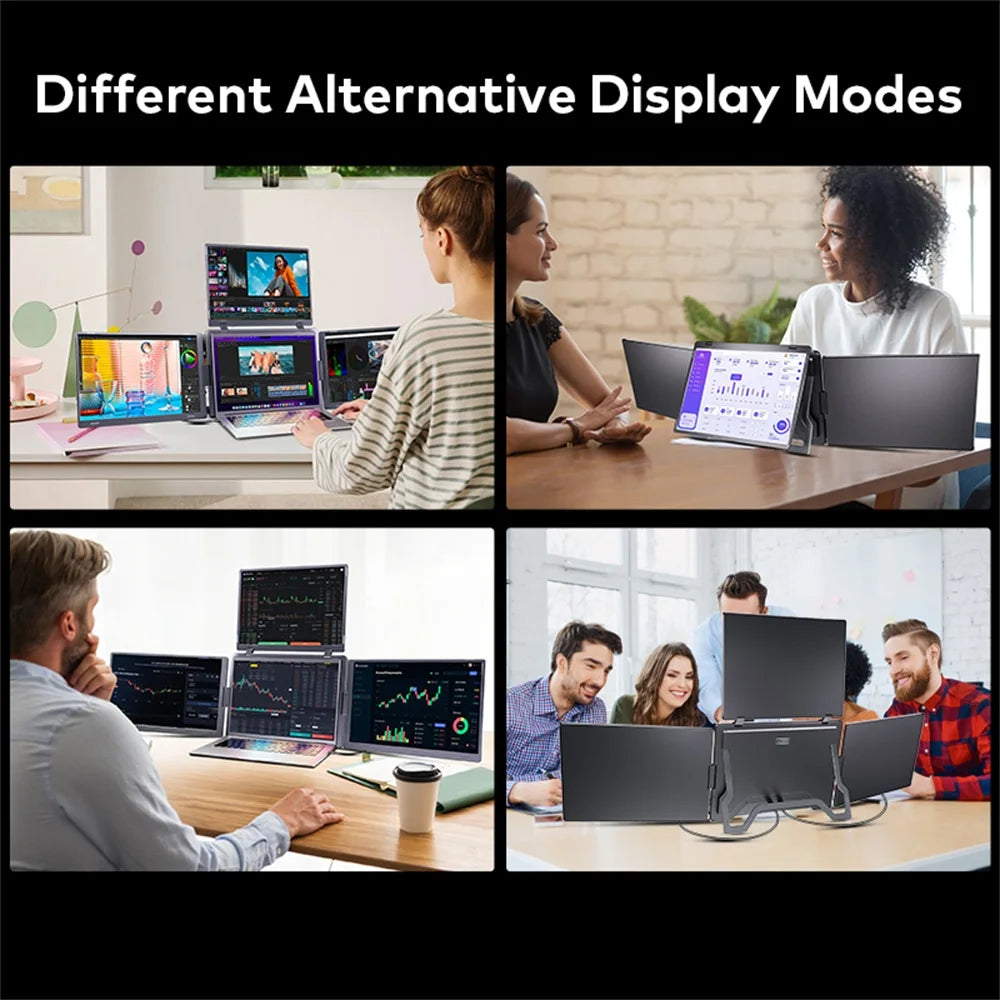 Collage of people using multiple computer monitors in various settings with text 'Different Alternative Display Modes'.