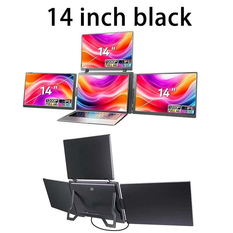 14-inch black laptop with multiple screen views on a white background