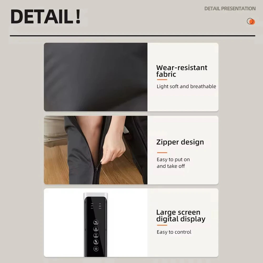 Product detail page with features like wear-resistant fabric, zipper design, and large screen digital display.