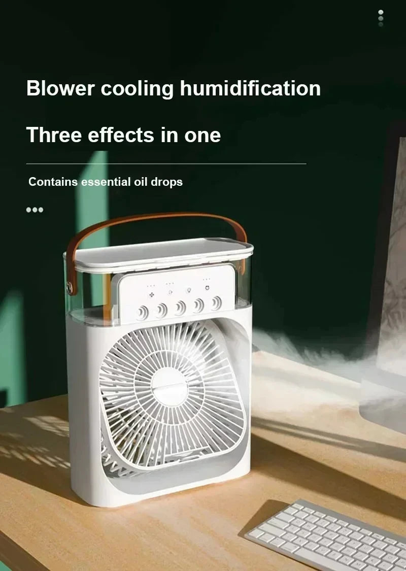 Blower cooling humidifier on a desk with text about its features