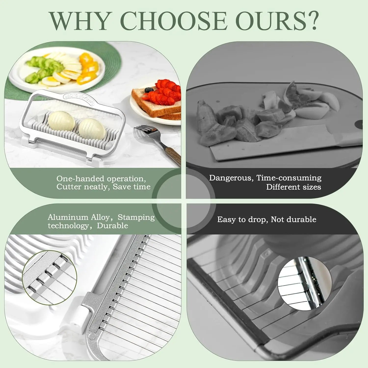 Comparison chart showing the benefits of a kitchen slicer over traditional methods.