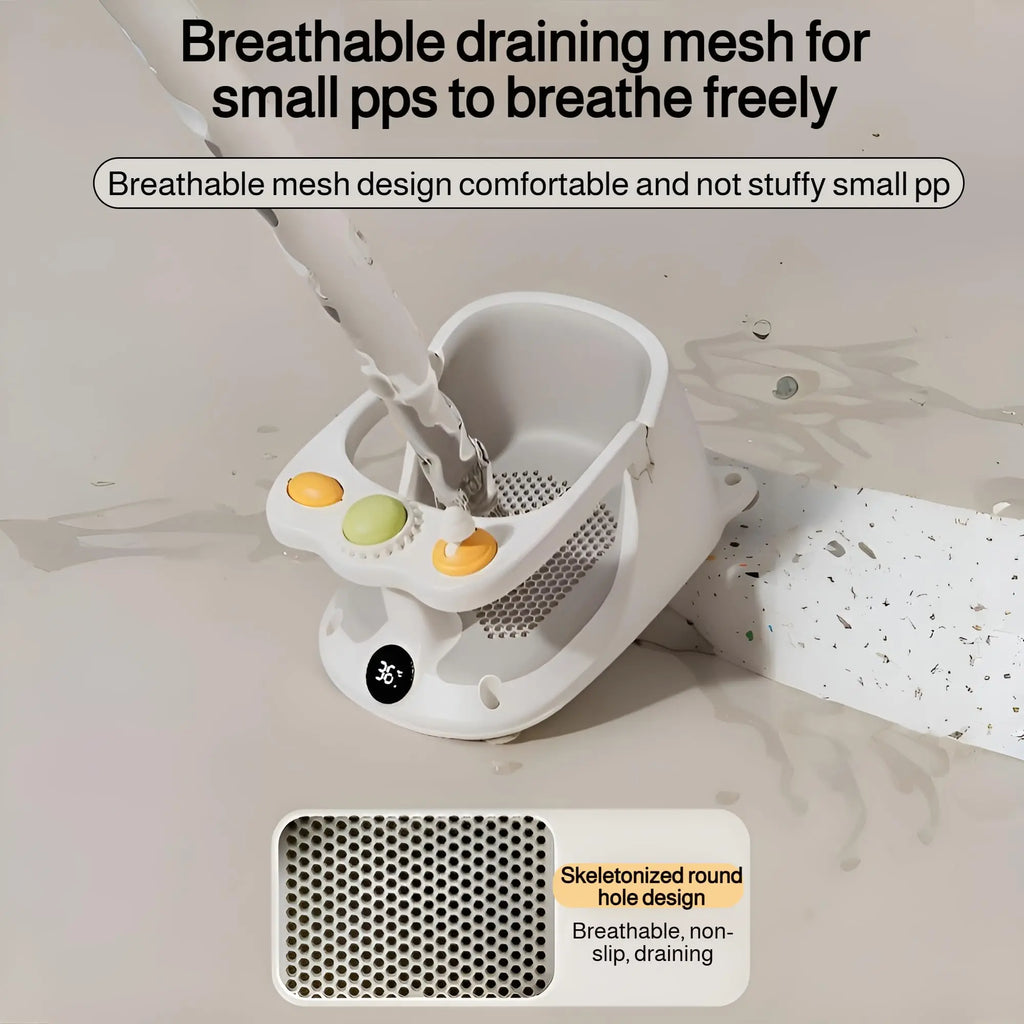 White bath seat with drainage mesh for small children, featuring text on breathable design.