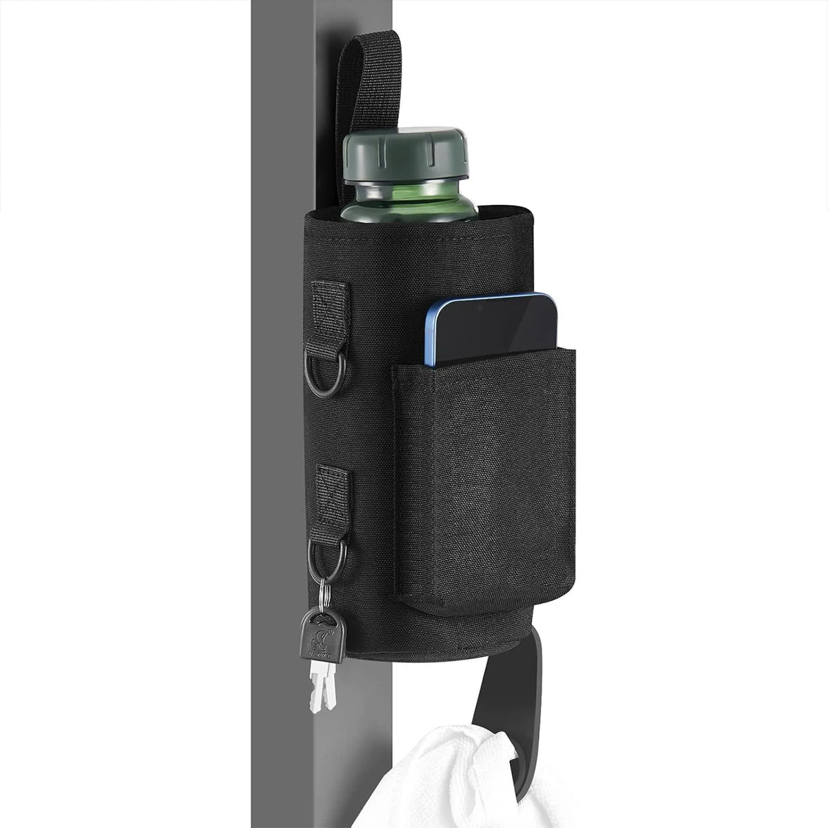 Black hanging organizer with a water bottle and phone on a white background