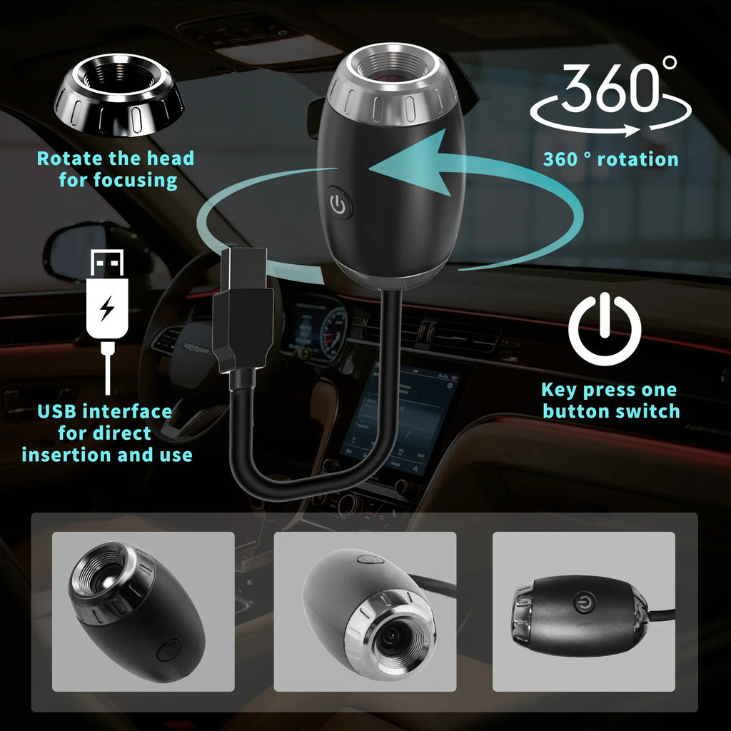 Car-mounted camera with USB interface and 360-degree rotation feature, displayed in a car interior.