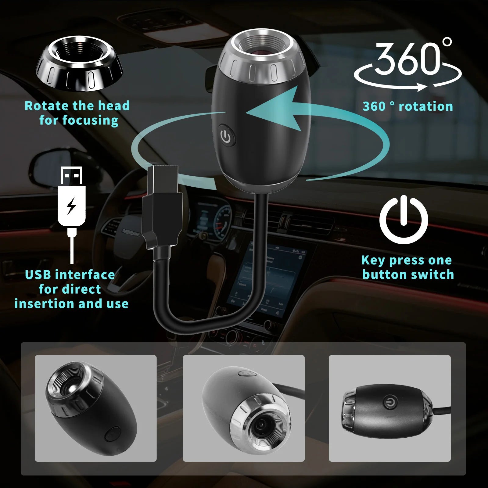 Car-mounted camera with USB interface and 360-degree rotation feature, displayed in a car interior.