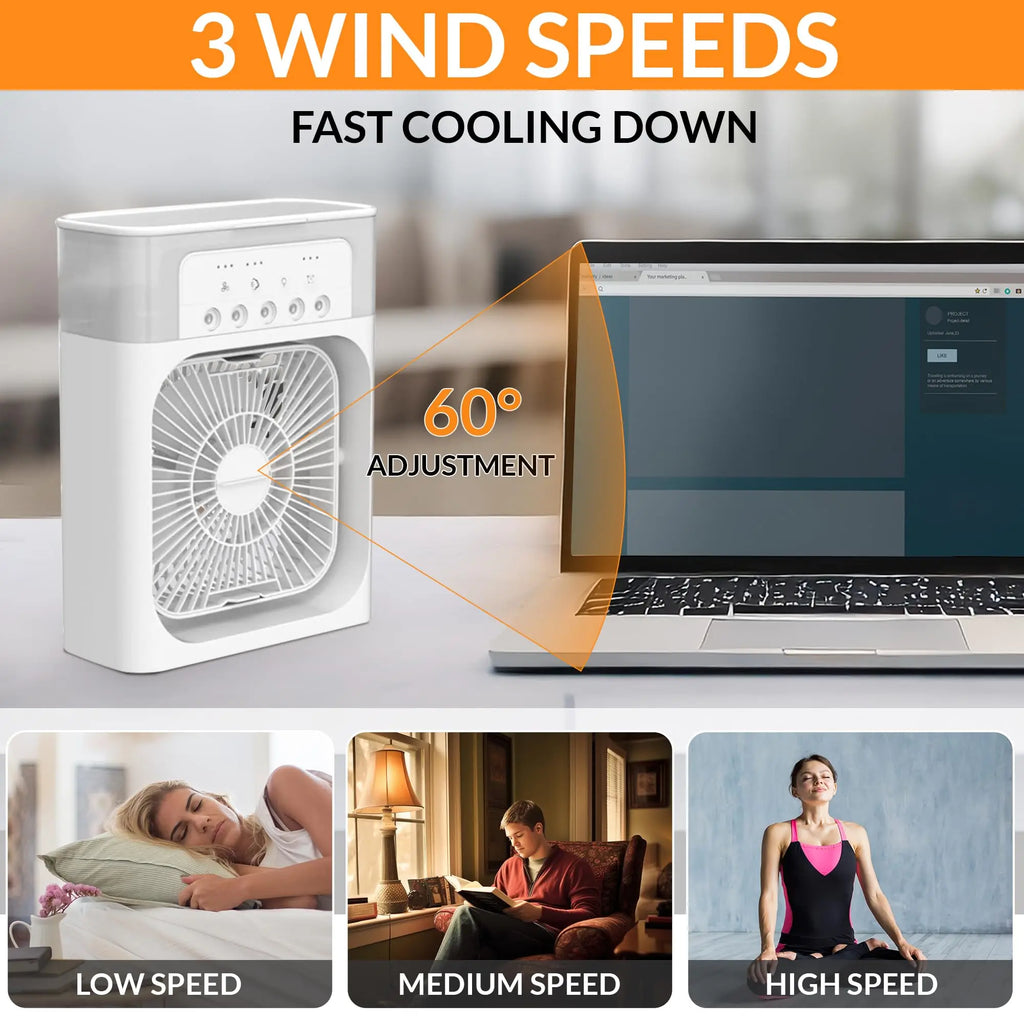 Portable fan with laptop cooling effect and lifestyle images of people using the fan at different speeds.
