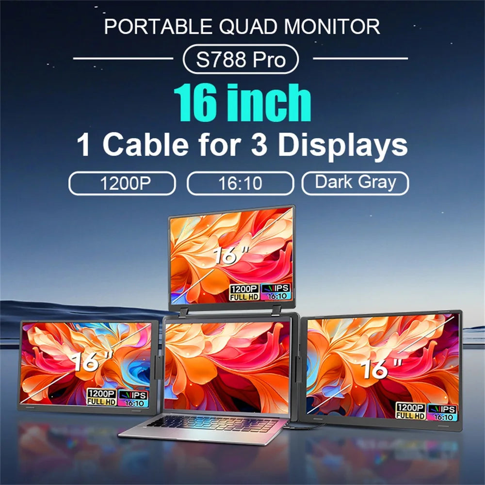 Portable quad monitor S788 Pro with 16-inch display, 1 cable for 3 displays, and specifications on a blue gradient background.