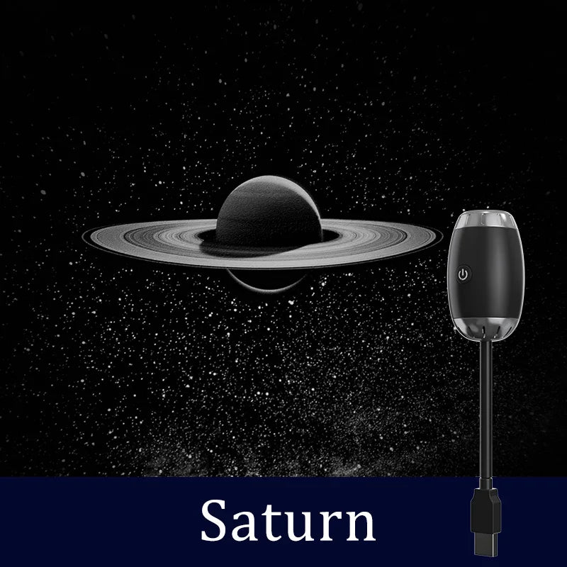 Black and white illustration of Saturn with a USB device on a starry background, labeled 'Saturn'.