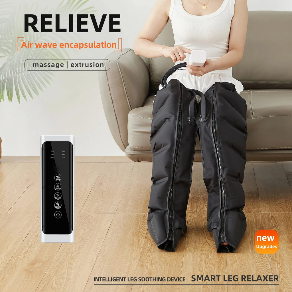 Person wearing a smart leg relaxer device with text about air wave encapsulation and massage extrusion.