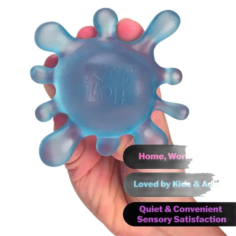 Blue textured ball held in a hand with promotional text on a white background